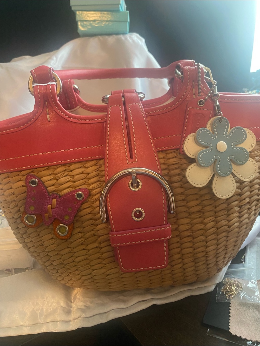 Coach Woven Straw & Pink Leather Butterfly Handbag NWOT+Charms - Picture 14 of 14